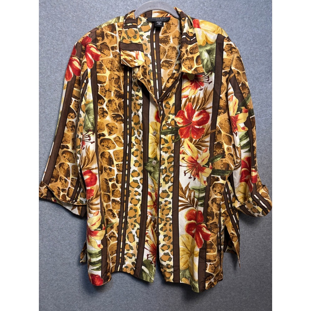 Silkland Woman 100% Silk Tropical Animal Print Blouse Safari‎ Leopard XL